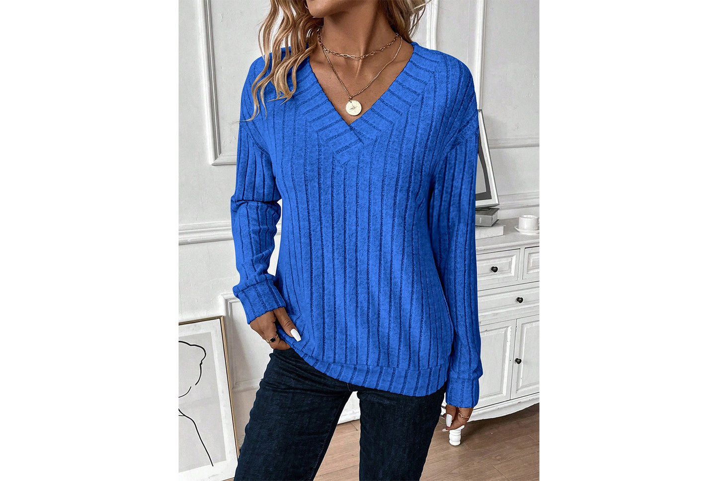 V-Neck Ribbed Long-Sleeve Top