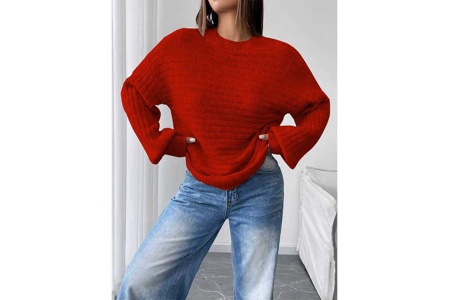 Loose-fitting Ribbed Knit Sweater
