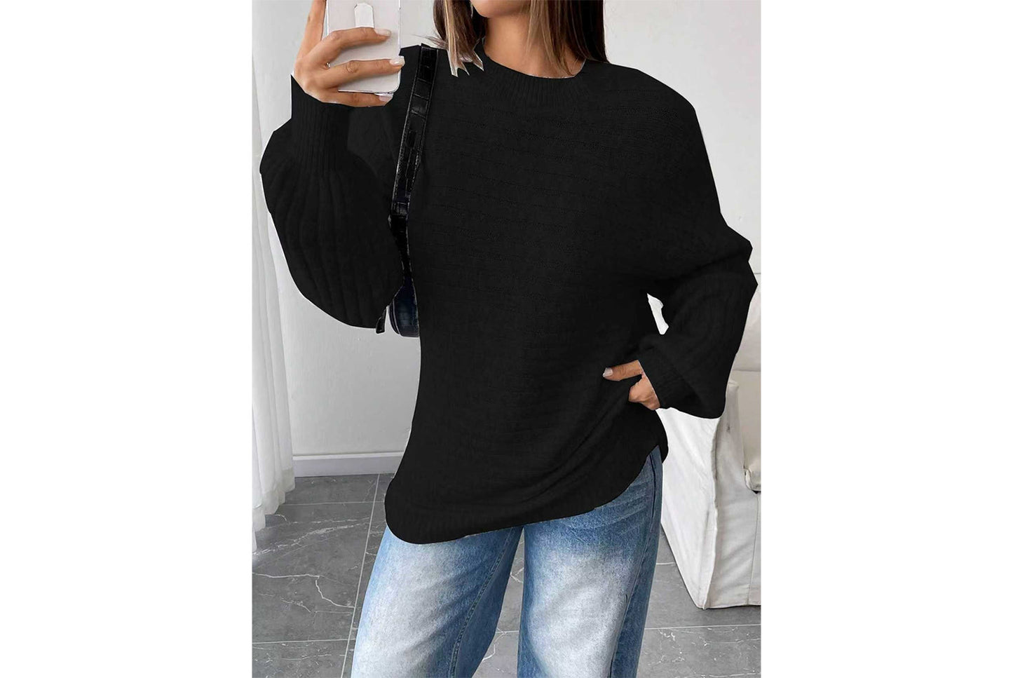 Loose-fitting Ribbed Knit Sweater