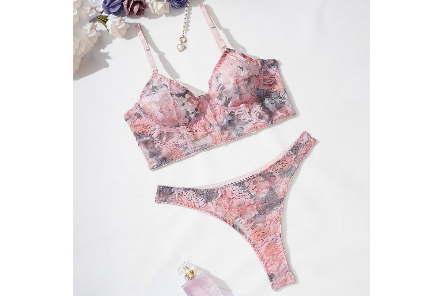**Lace Floral Fishbone Bra Set - Sexy Sheer Two-Piece Bra**