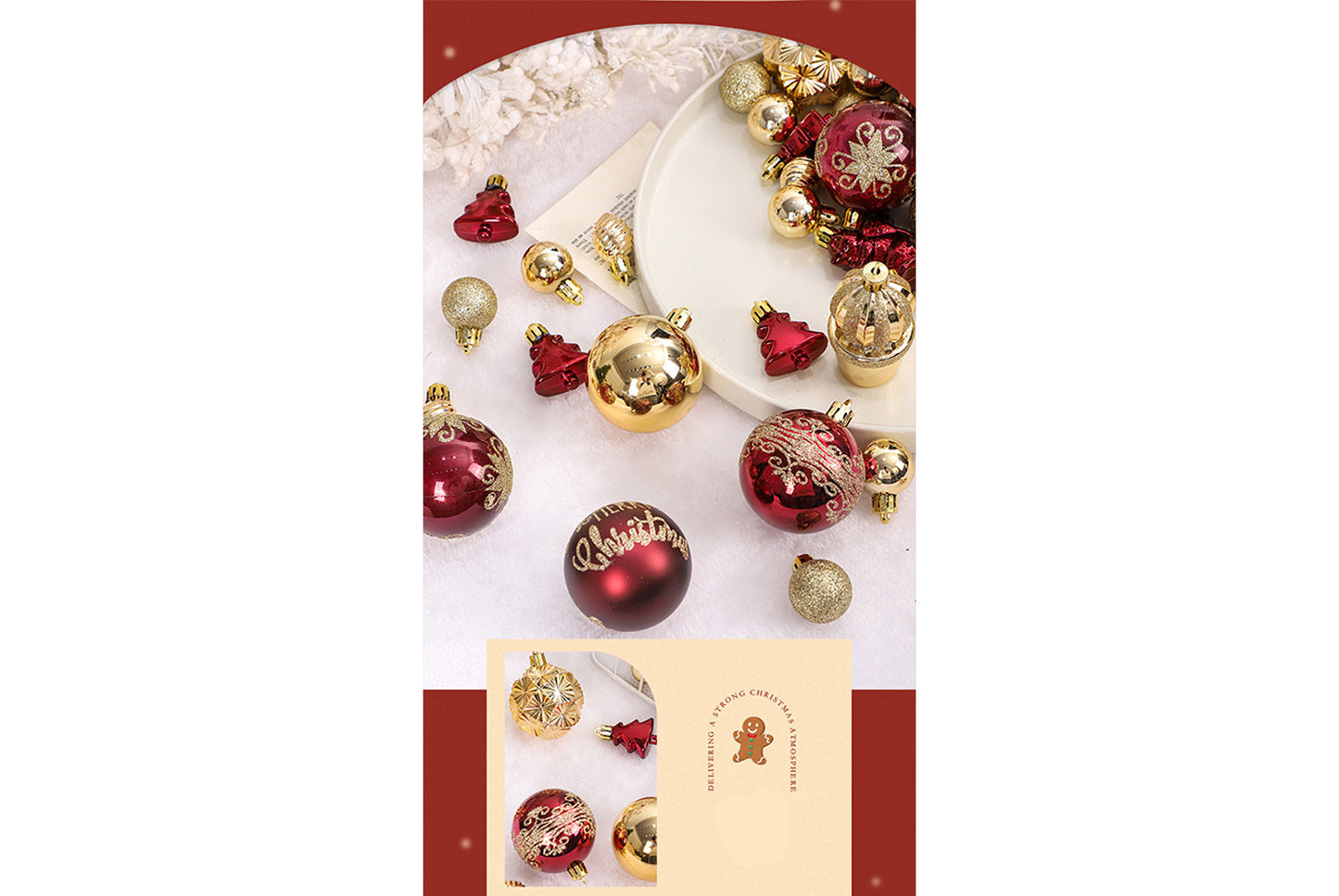 42 Painted Christmas Ball Set - Burgundy and Gold Christmas Tree Ornaments