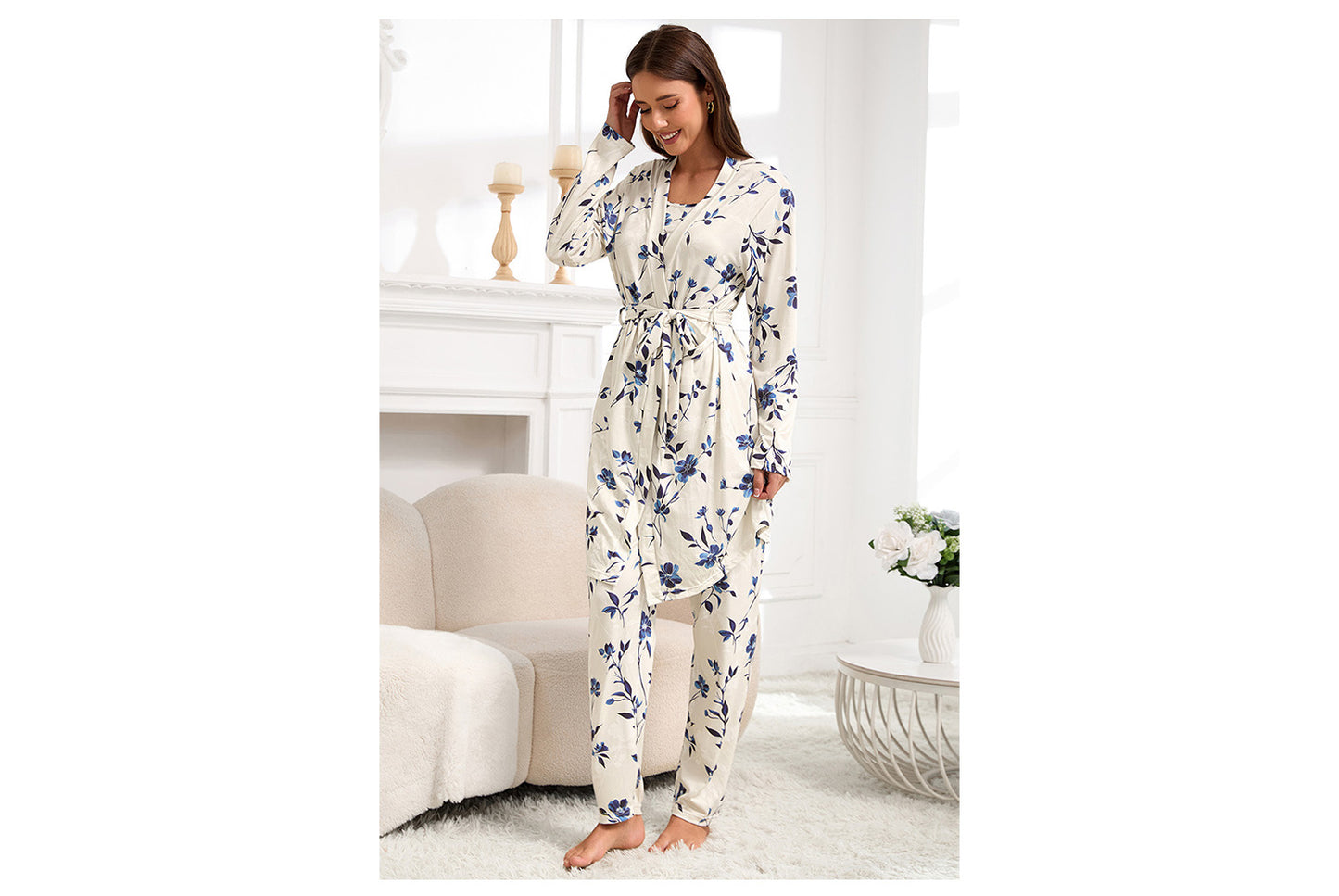 **Three-Piece Nightgown, Pants, and Suspender Nightdress Set**