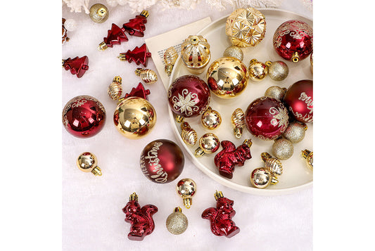 42 Painted Christmas Ball Set - Burgundy and Gold Christmas Tree Ornaments