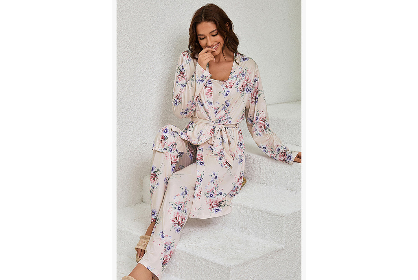 **Three-piece loungewear set with robe, suspenders, and pants**