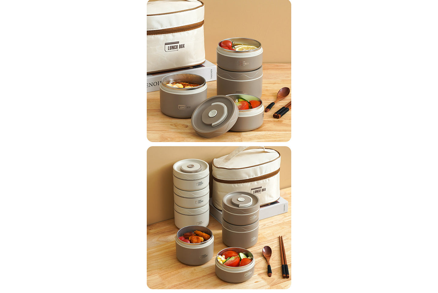 **304 Stainless Steel Insulated Lunch Box (Beige Two-Piece Microwave Oven Set)**