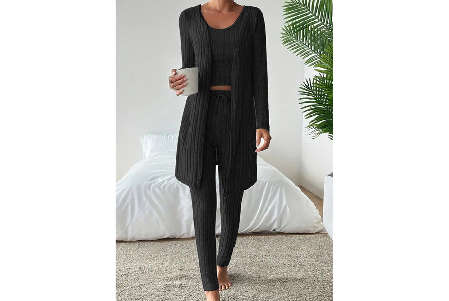 **Designed Round Neck Ribbed Casual Solid Color Women's Three-Piece Set**