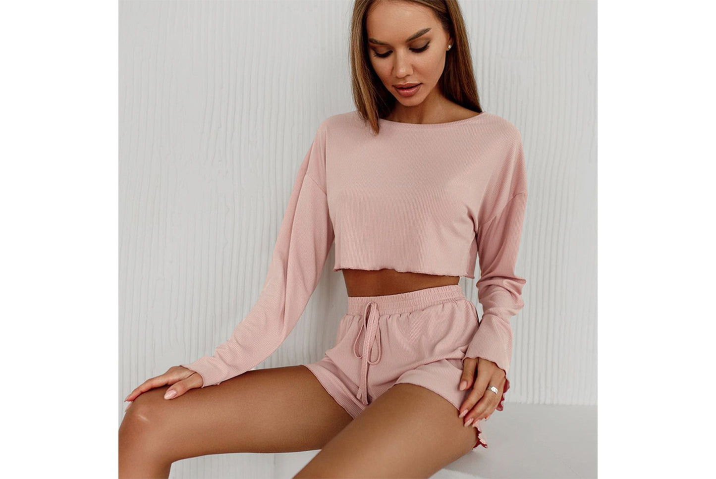 Girl-Style Knitted Midriff-Baring Pajama Set