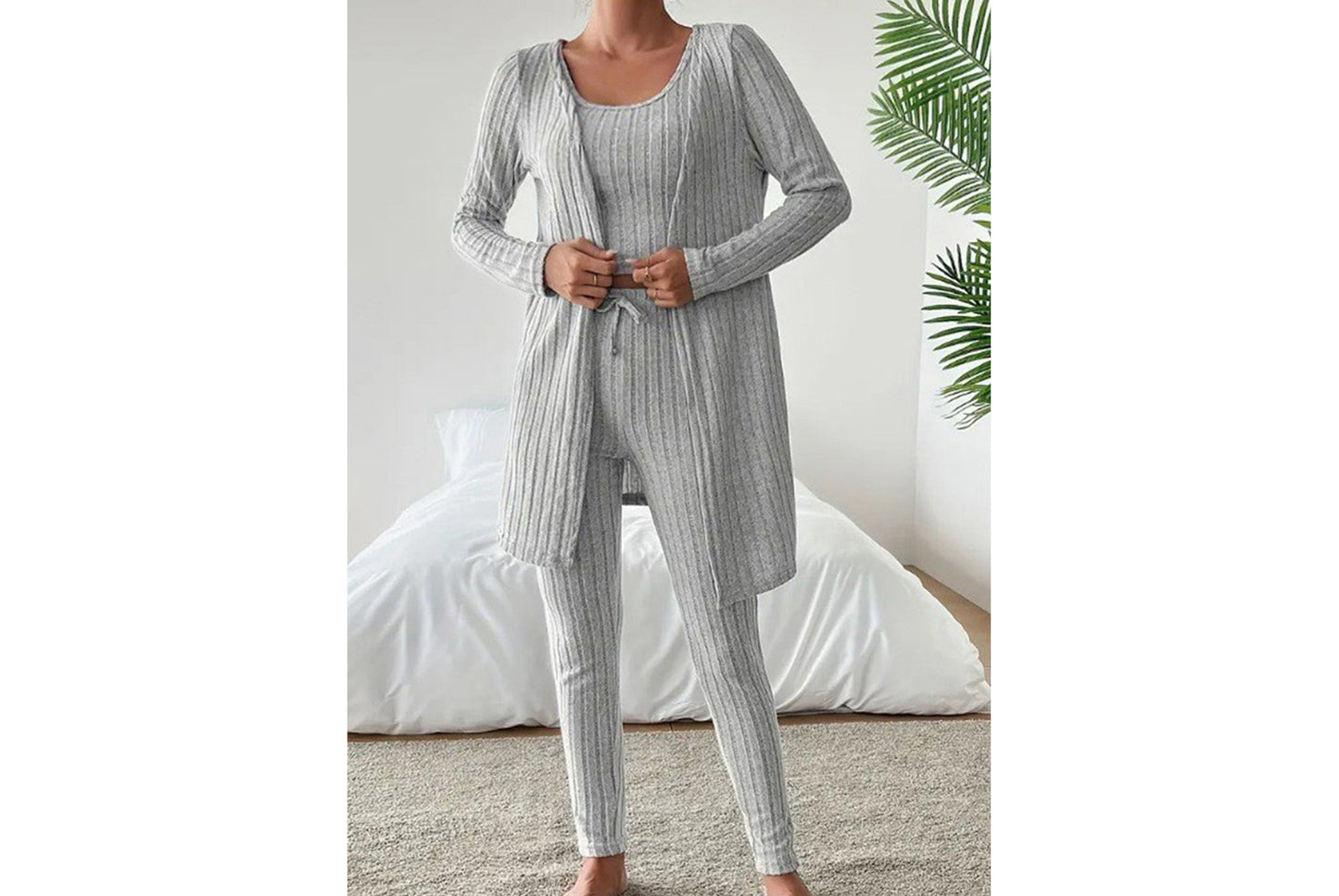 **Designed Round Neck Ribbed Casual Solid Color Women's Three-Piece Set**