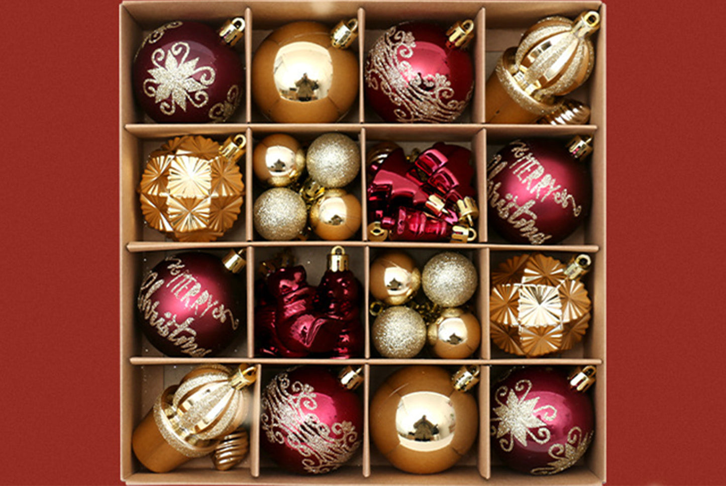 42 Painted Christmas Ball Set - Burgundy and Gold Christmas Tree Ornaments