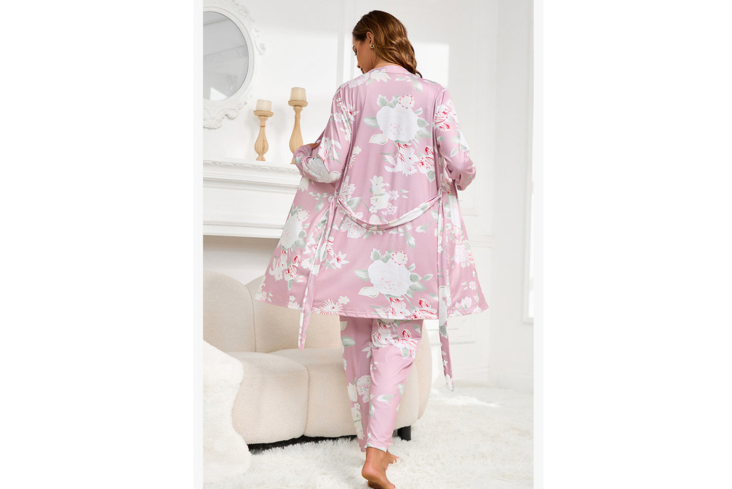 **Three-piece loungewear set with robe, suspenders, and pants**