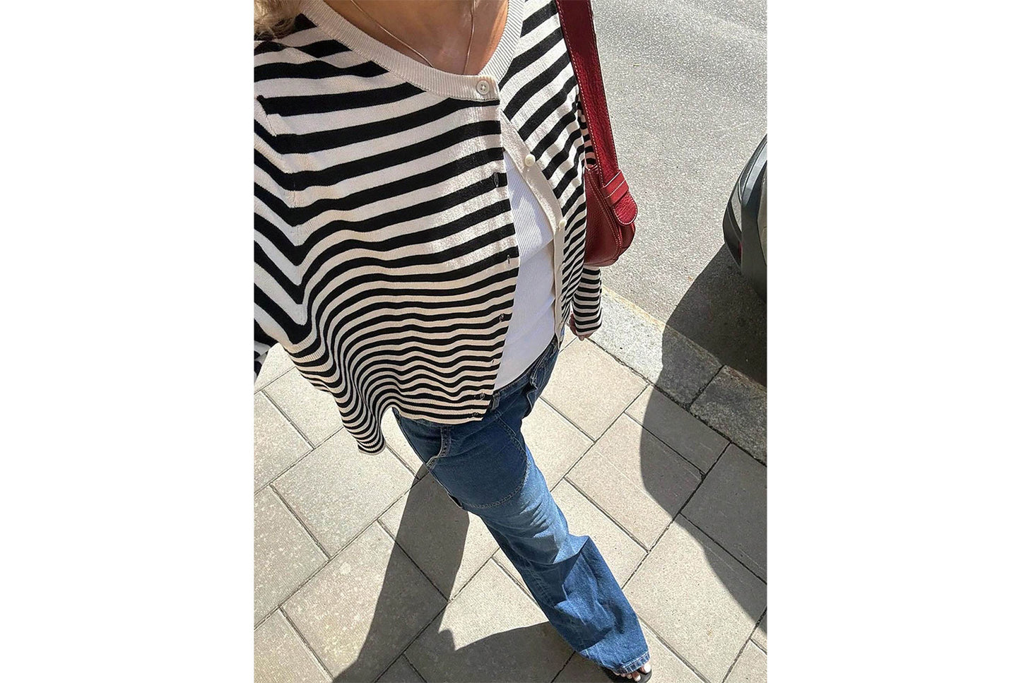 Black and White Striped Knit Cardigan