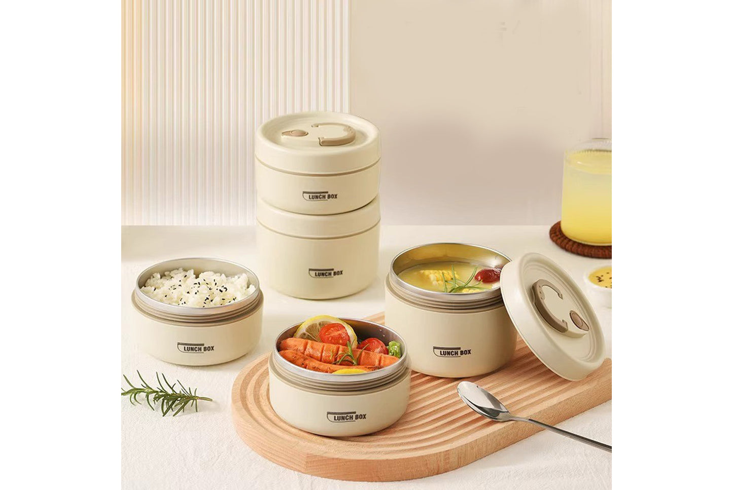 **304 Stainless Steel Insulated Lunch Box (Beige Two-Piece Microwave Oven Set)**