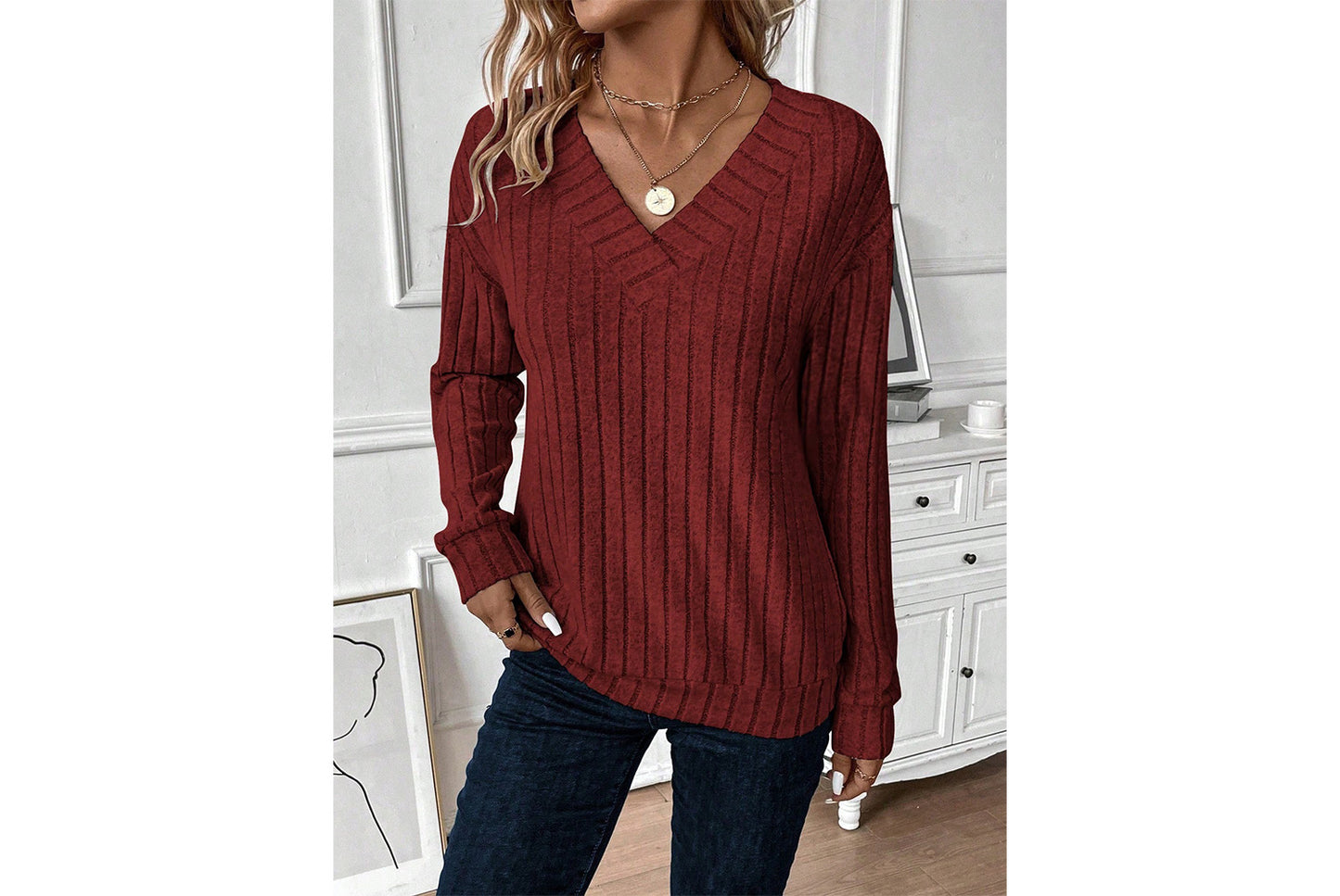 V-Neck Ribbed Long-Sleeve Top
