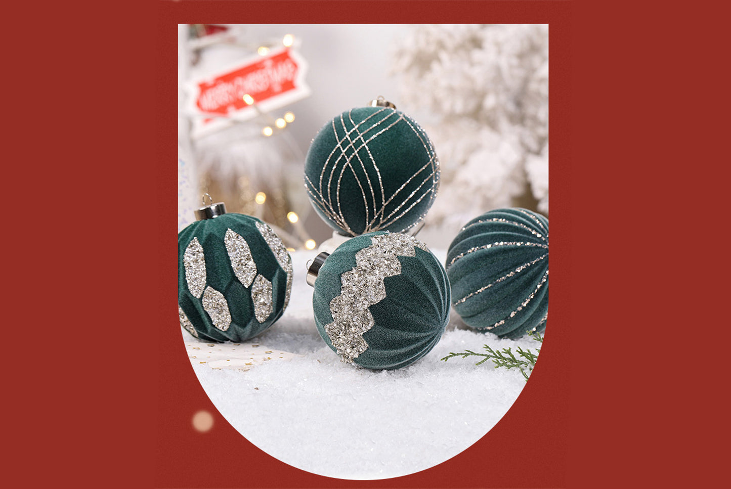 10cm Colored Diamond Flocked Christmas Ball Pendant Set (4-Pack)