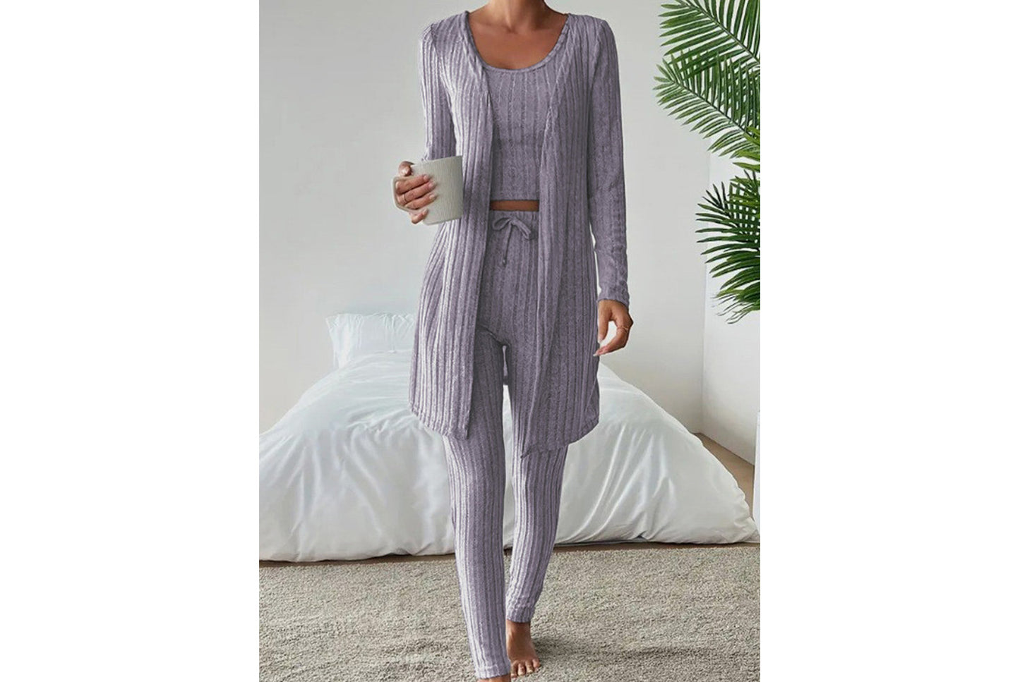 **Designed Round Neck Ribbed Casual Solid Color Women's Three-Piece Set**