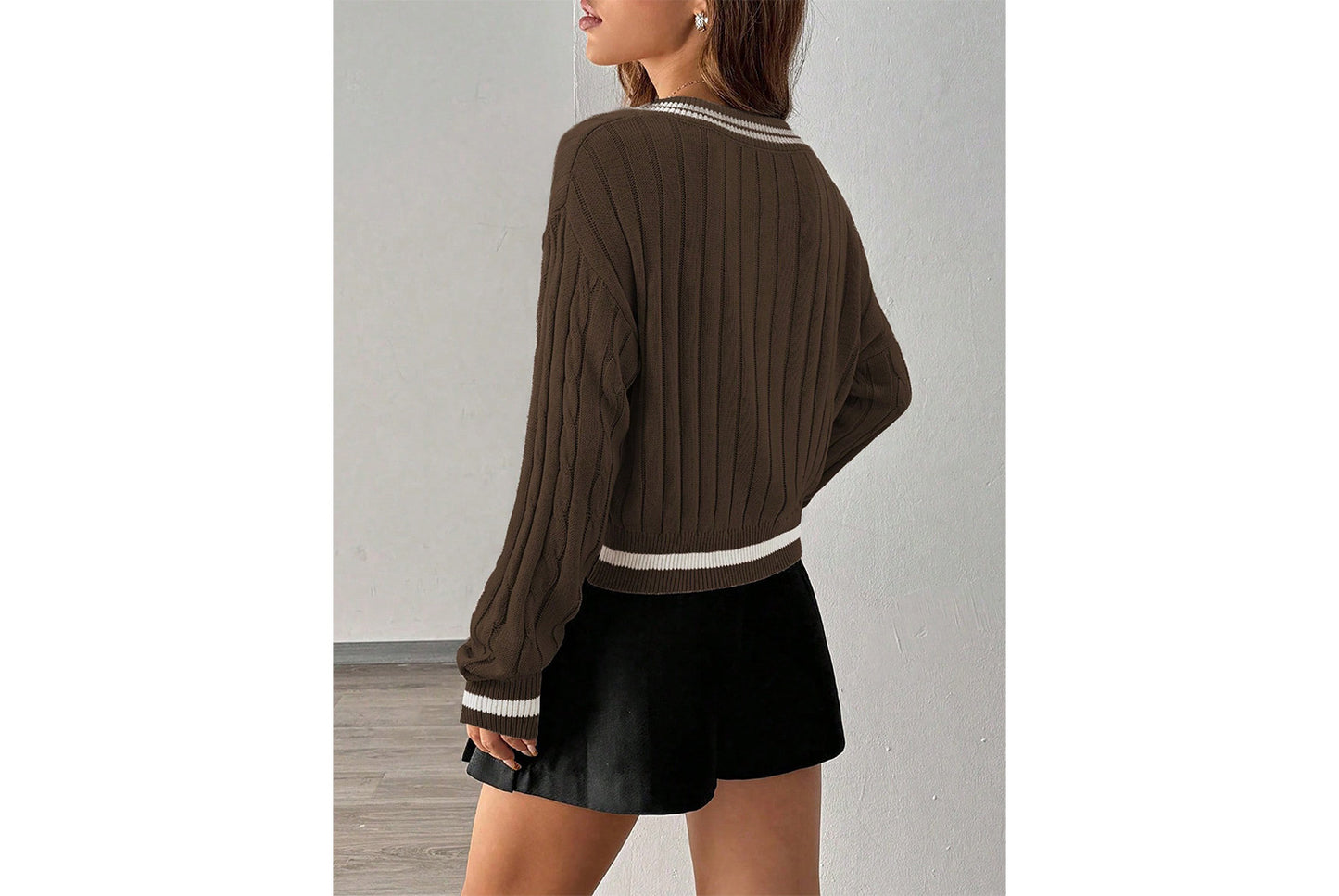 V-Neck Color-Blocked Cable Knit Sweater