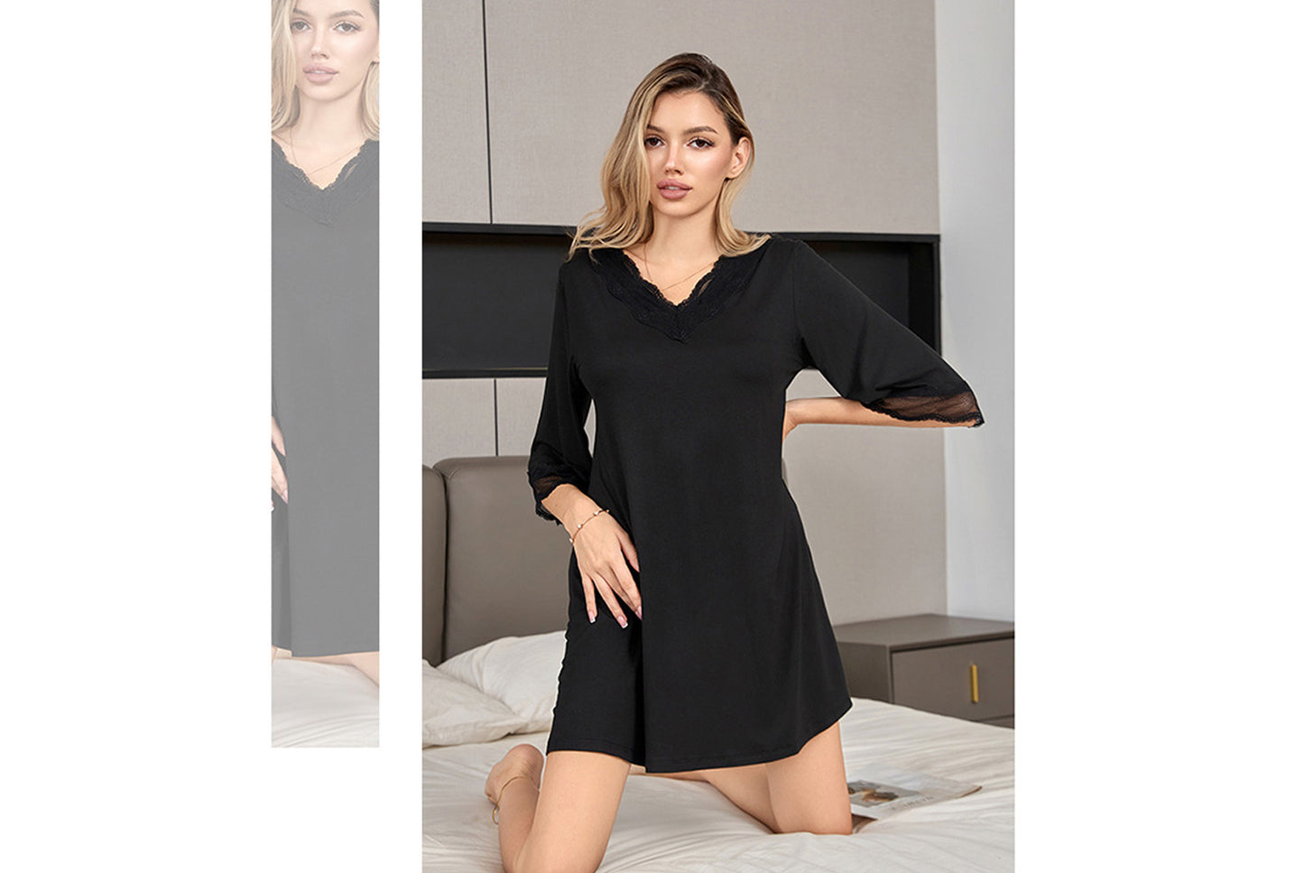 **Lace-Panel Sexy V-Neck Pure Modal Cotton Loungewear**