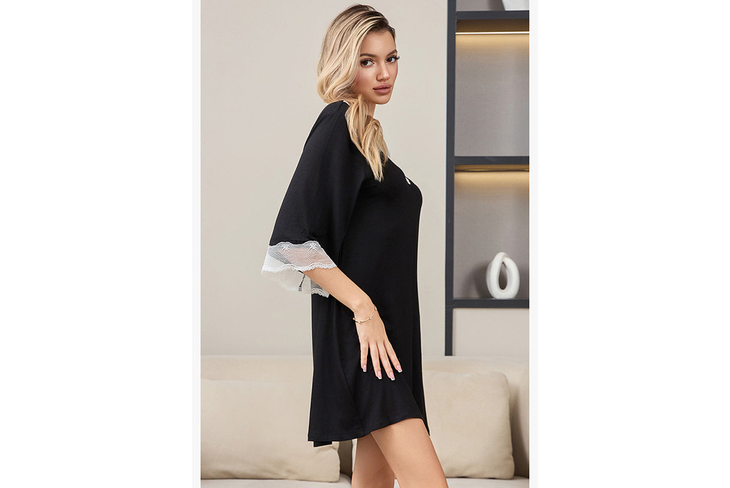 **Lace-Panel Sexy V-Neck Pure Modal Cotton Loungewear**