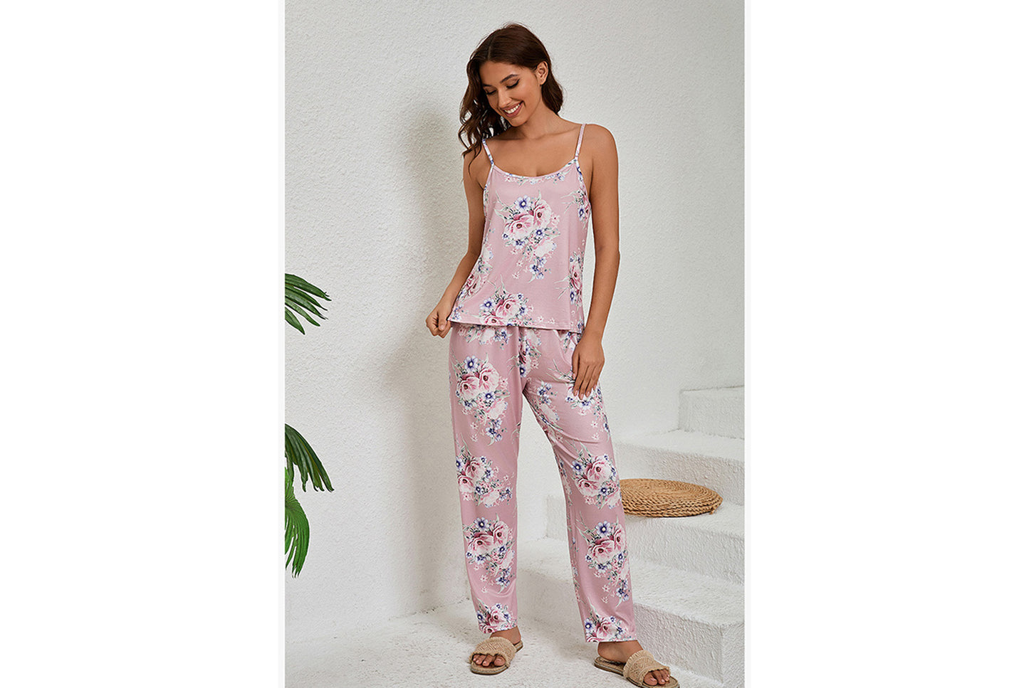 **Three-piece loungewear set with robe, suspenders, and pants**
