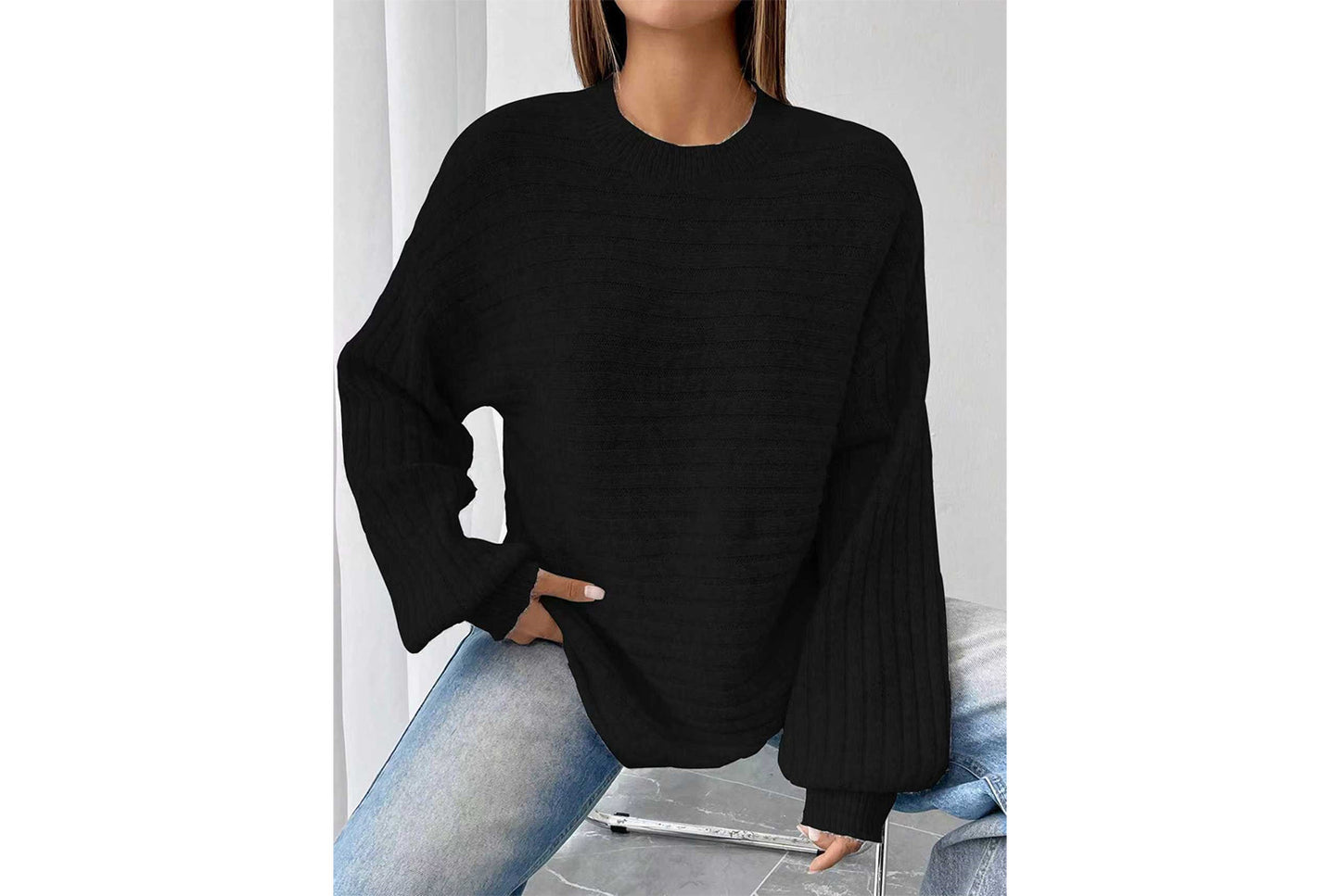 Loose-fitting Ribbed Knit Sweater