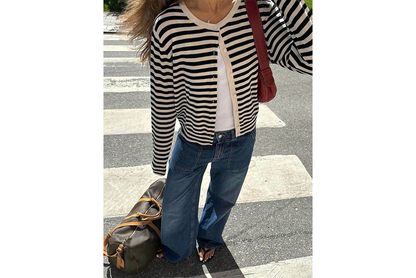 Black and White Striped Knit Cardigan