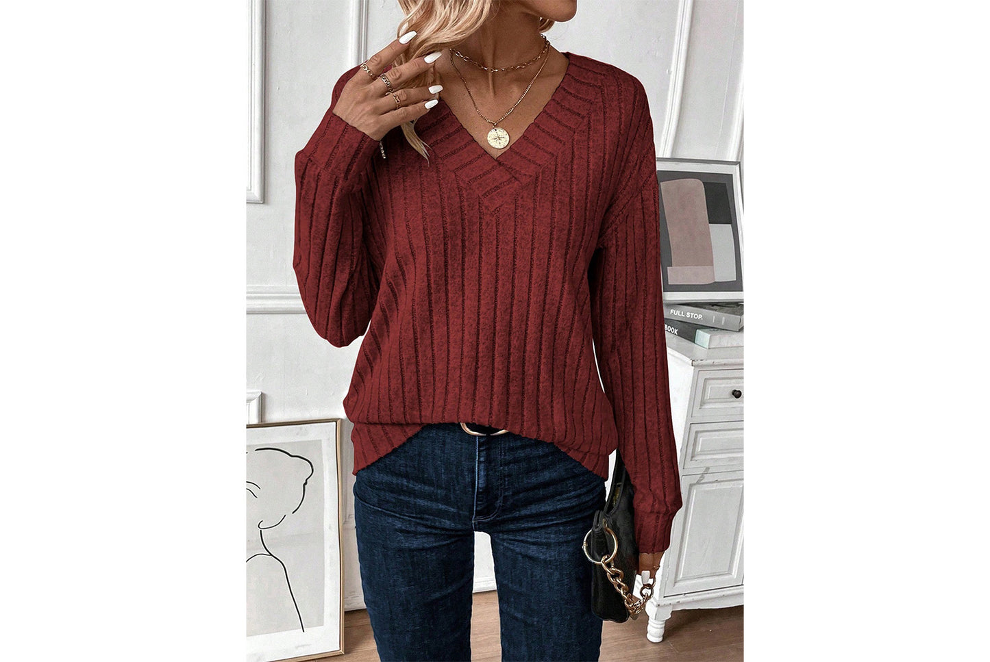 V-Neck Ribbed Long-Sleeve Top
