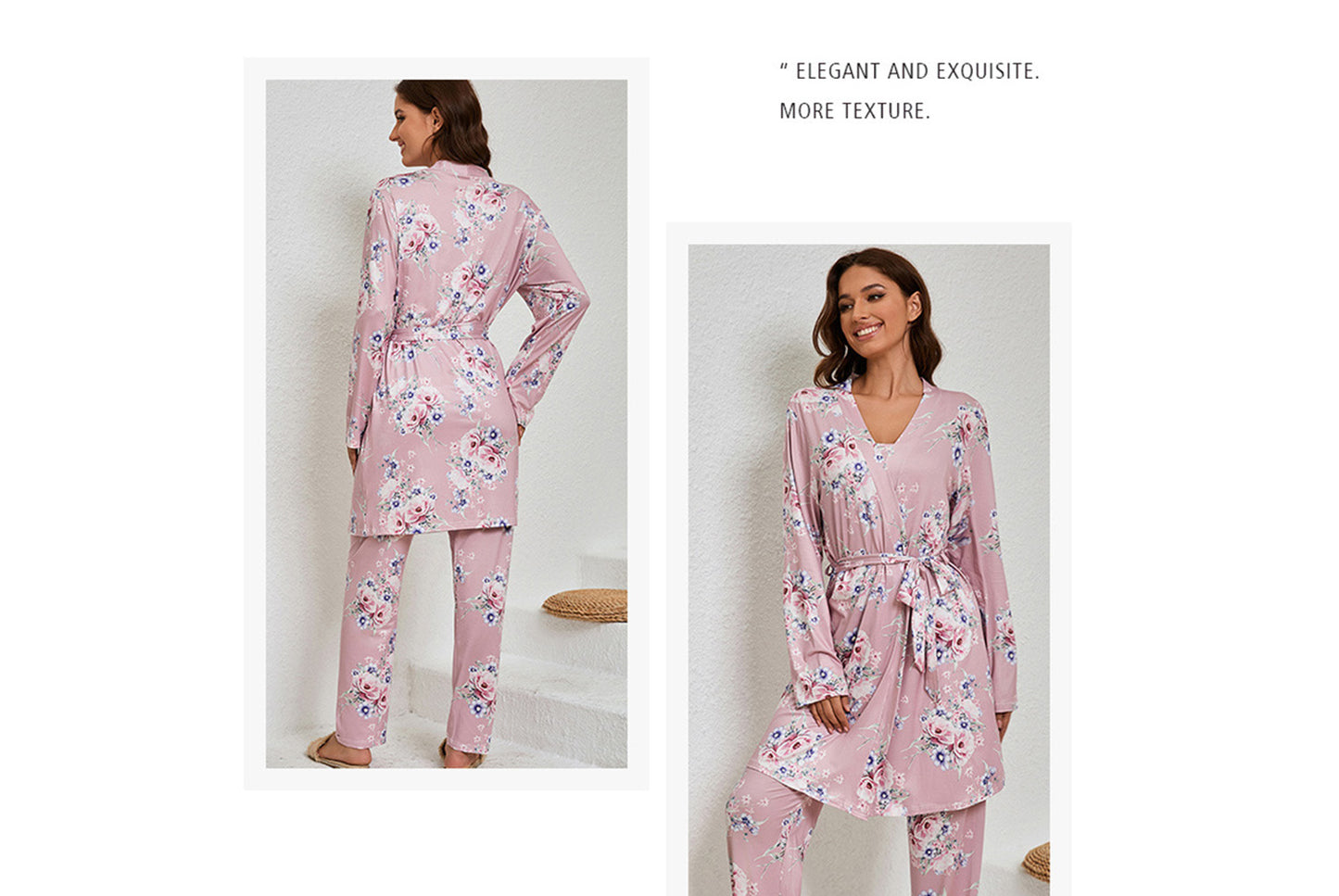 **Three-piece loungewear set with robe, suspenders, and pants**