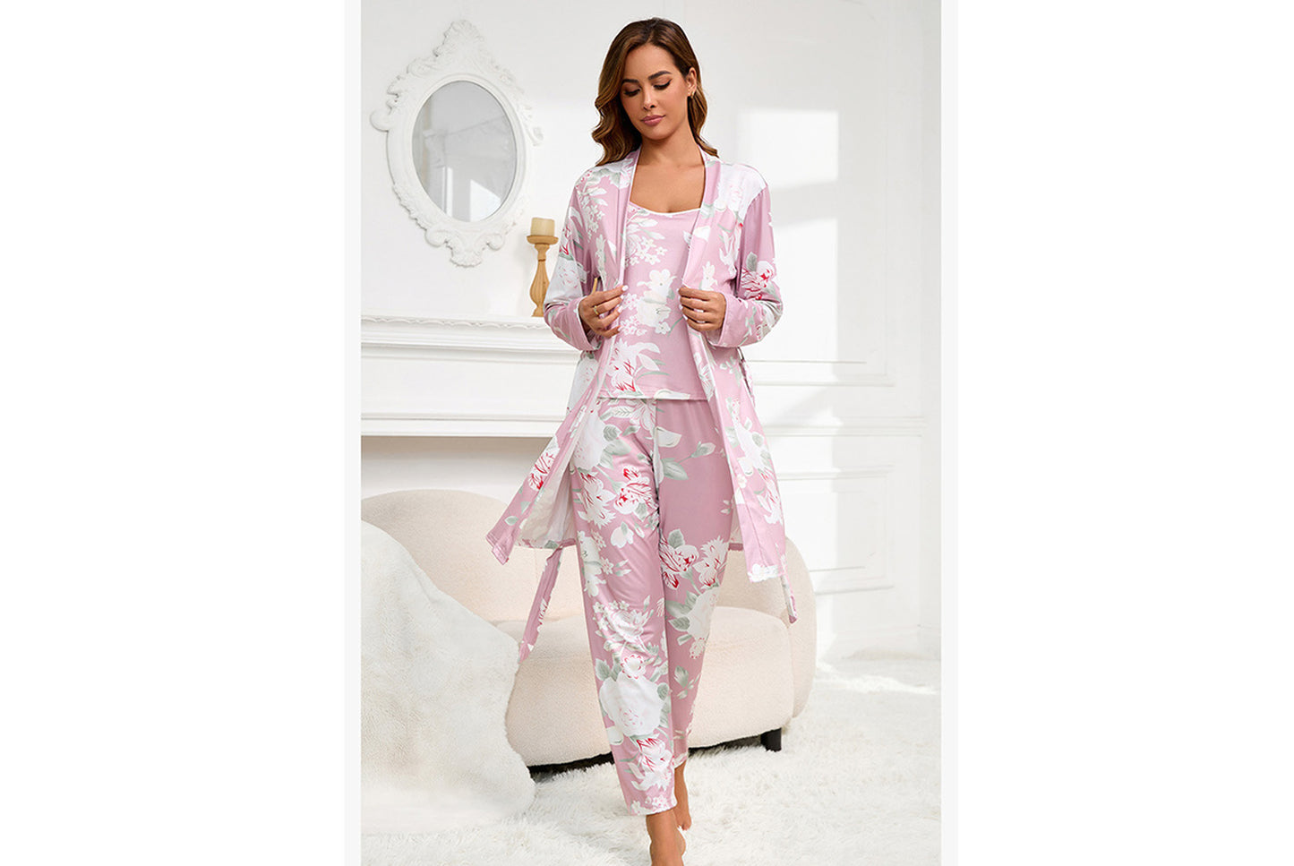 **Three-piece loungewear set with robe, suspenders, and pants**