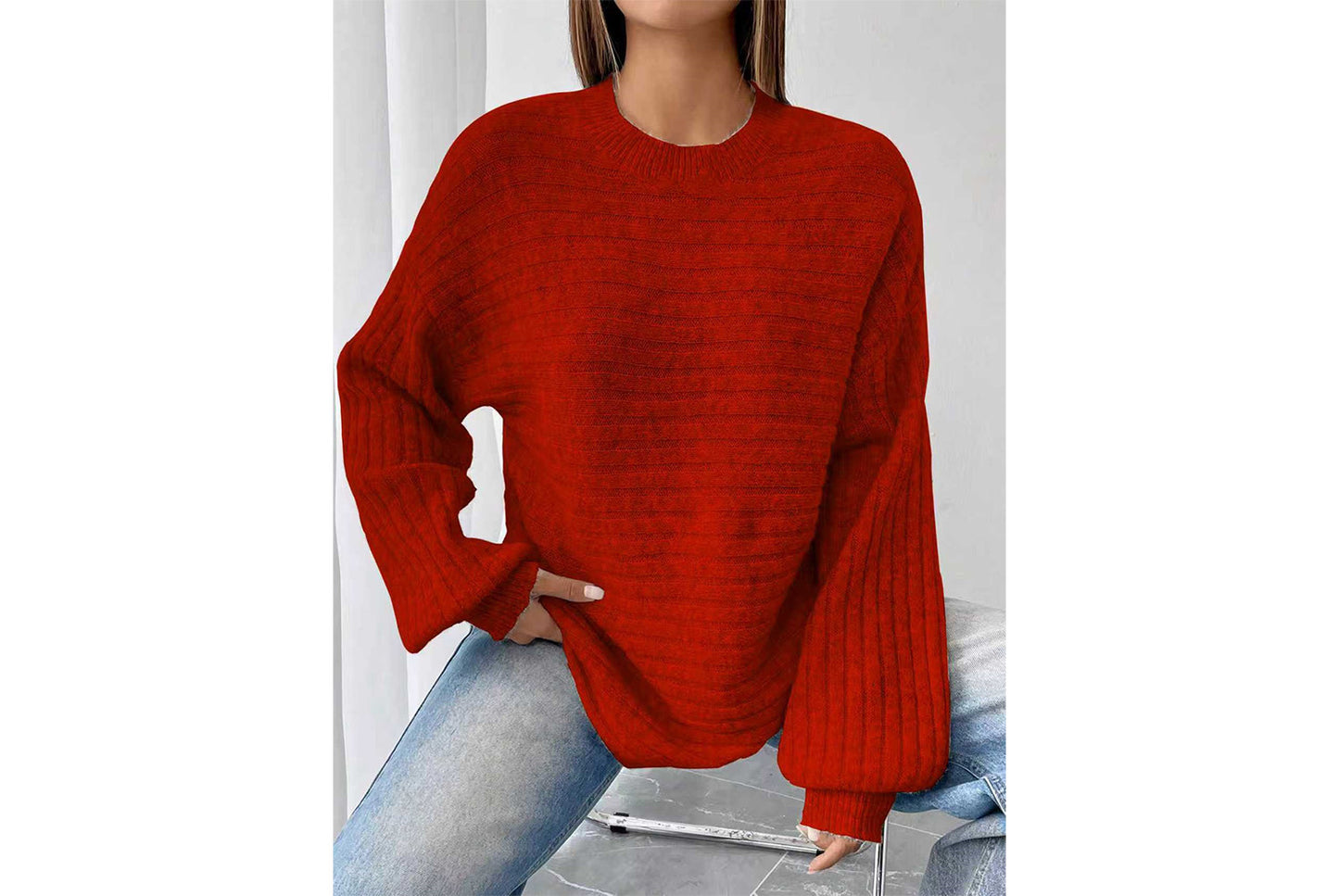 Loose-fitting Ribbed Knit Sweater