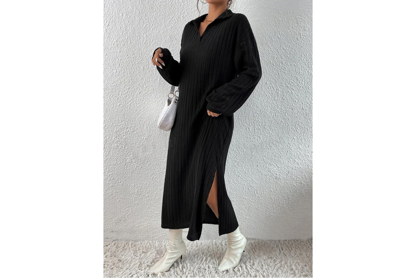 Solid Color Off-Shoulder Slit Dress(No belt)