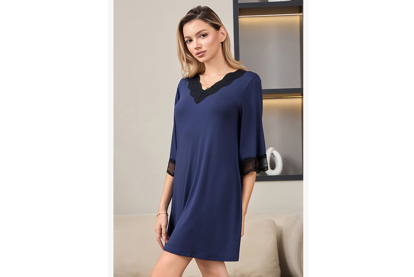 **Lace-Panel Sexy V-Neck Pure Modal Cotton Loungewear**