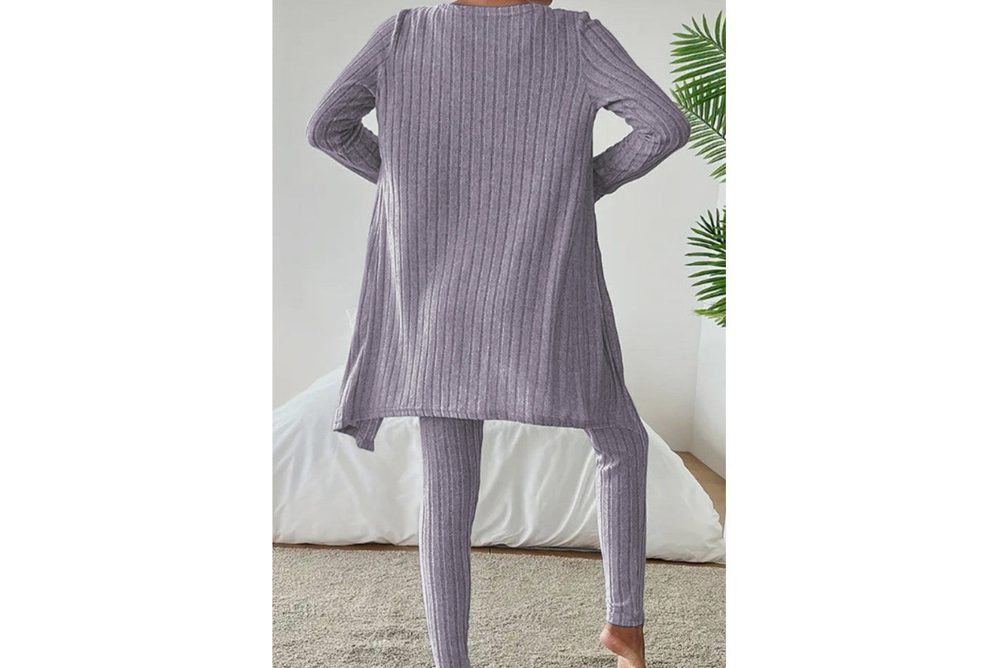 **Designed Round Neck Ribbed Casual Solid Color Women's Three-Piece Set**