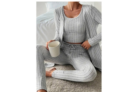 **Designed Round Neck Ribbed Casual Solid Color Women's Three-Piece Set**
