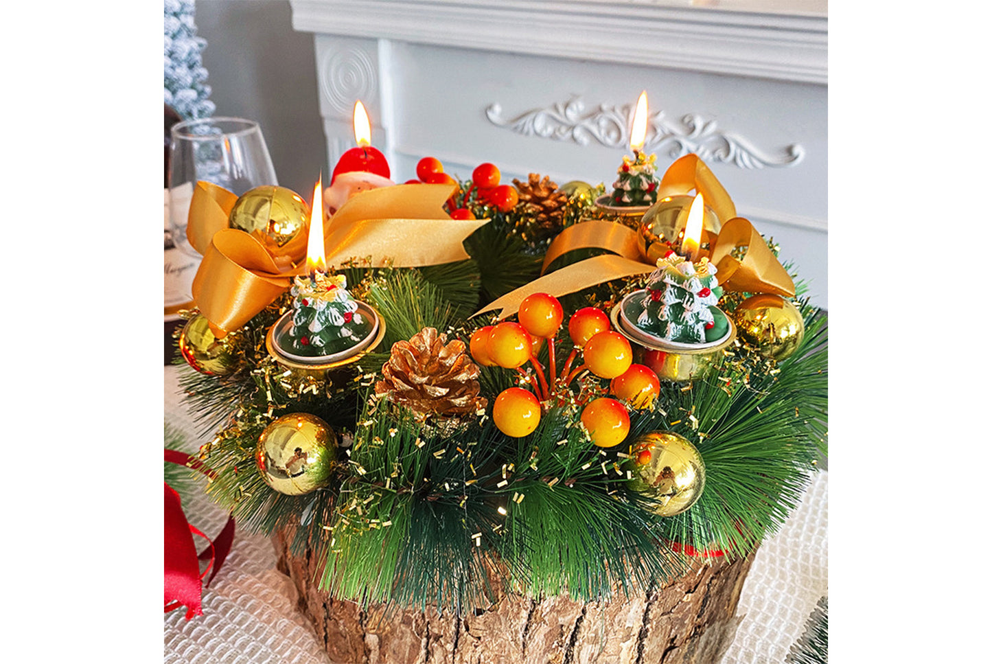 Christmas Candlestick Wreath - Simulated Pine Cone Decorative Wreath