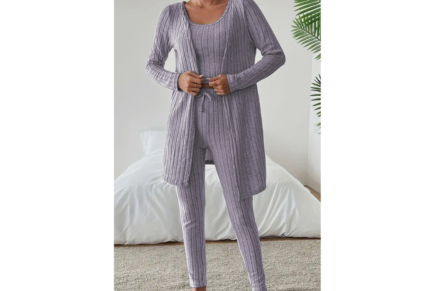 **Designed Round Neck Ribbed Casual Solid Color Women's Three-Piece Set**