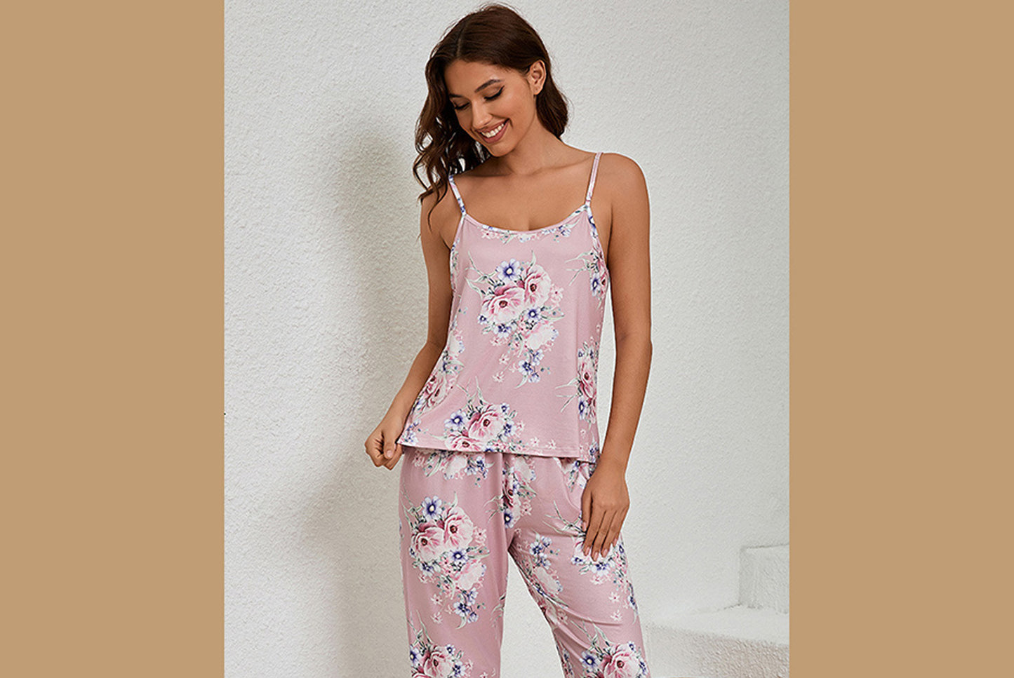 **Three-piece loungewear set with robe, suspenders, and pants**