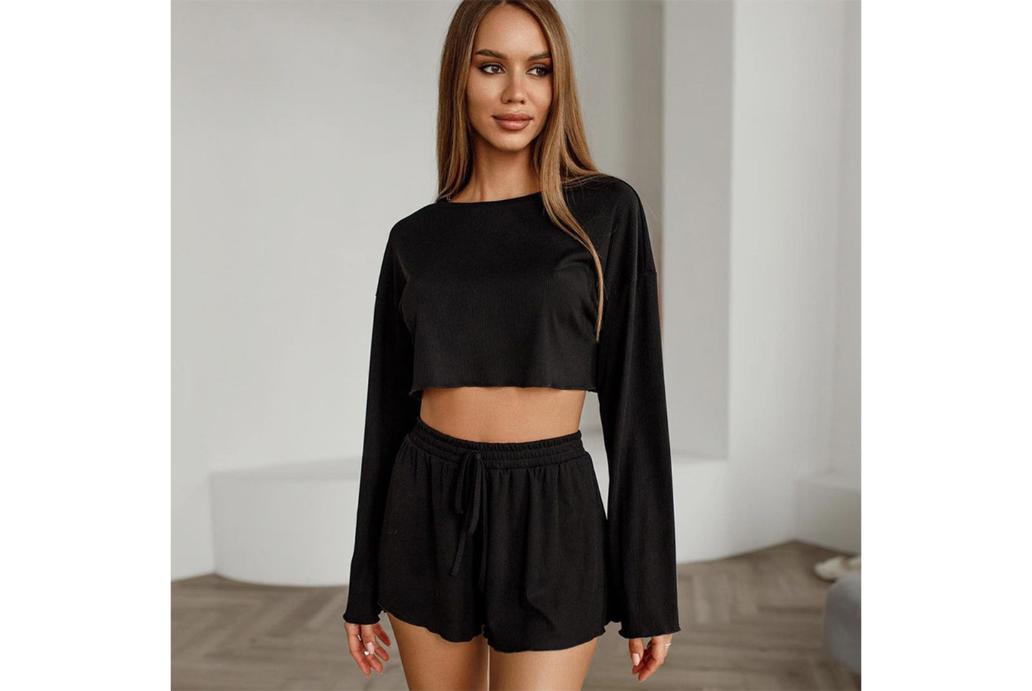 Girl-Style Knitted Midriff-Baring Pajama Set