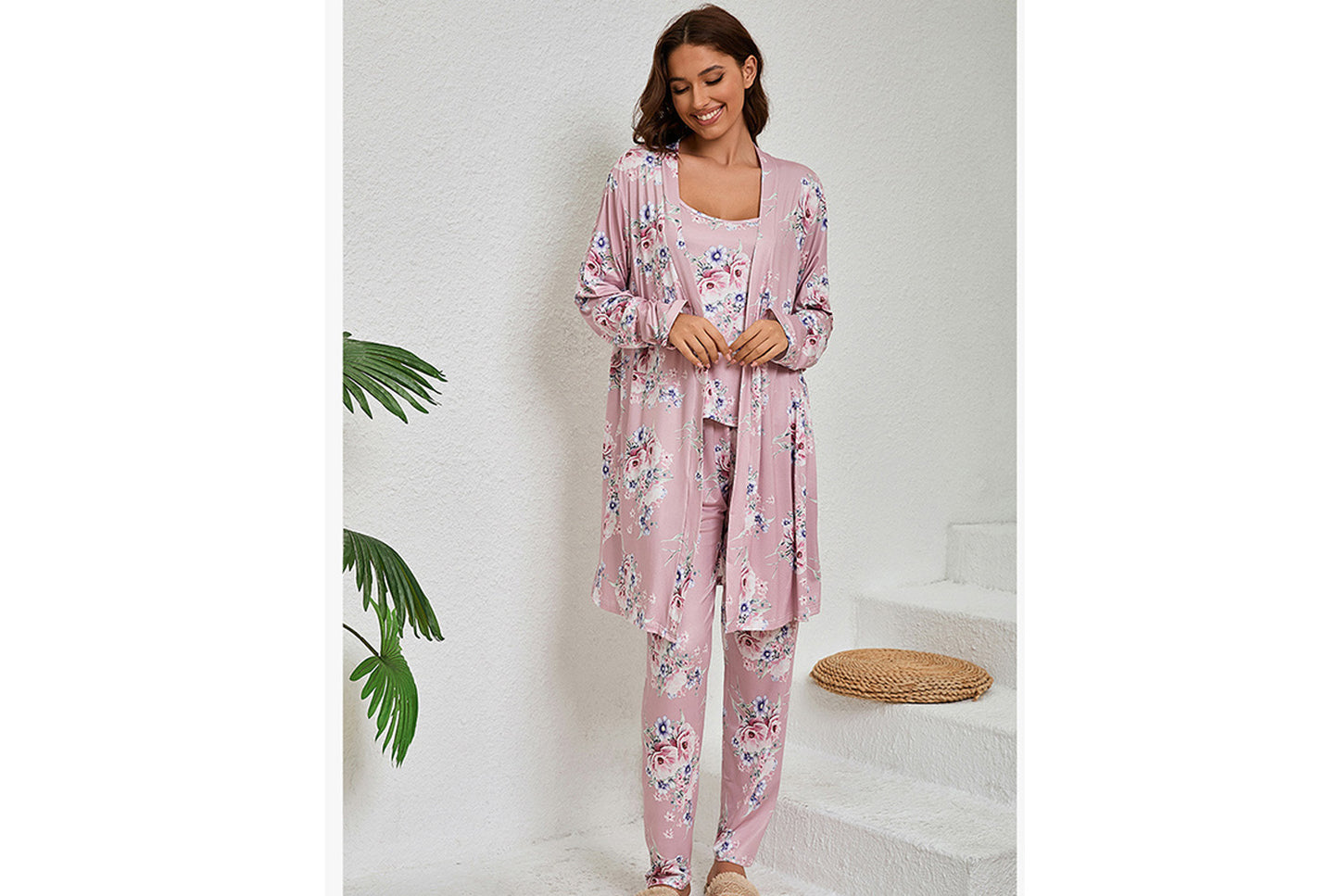 **Three-piece loungewear set with robe, suspenders, and pants**