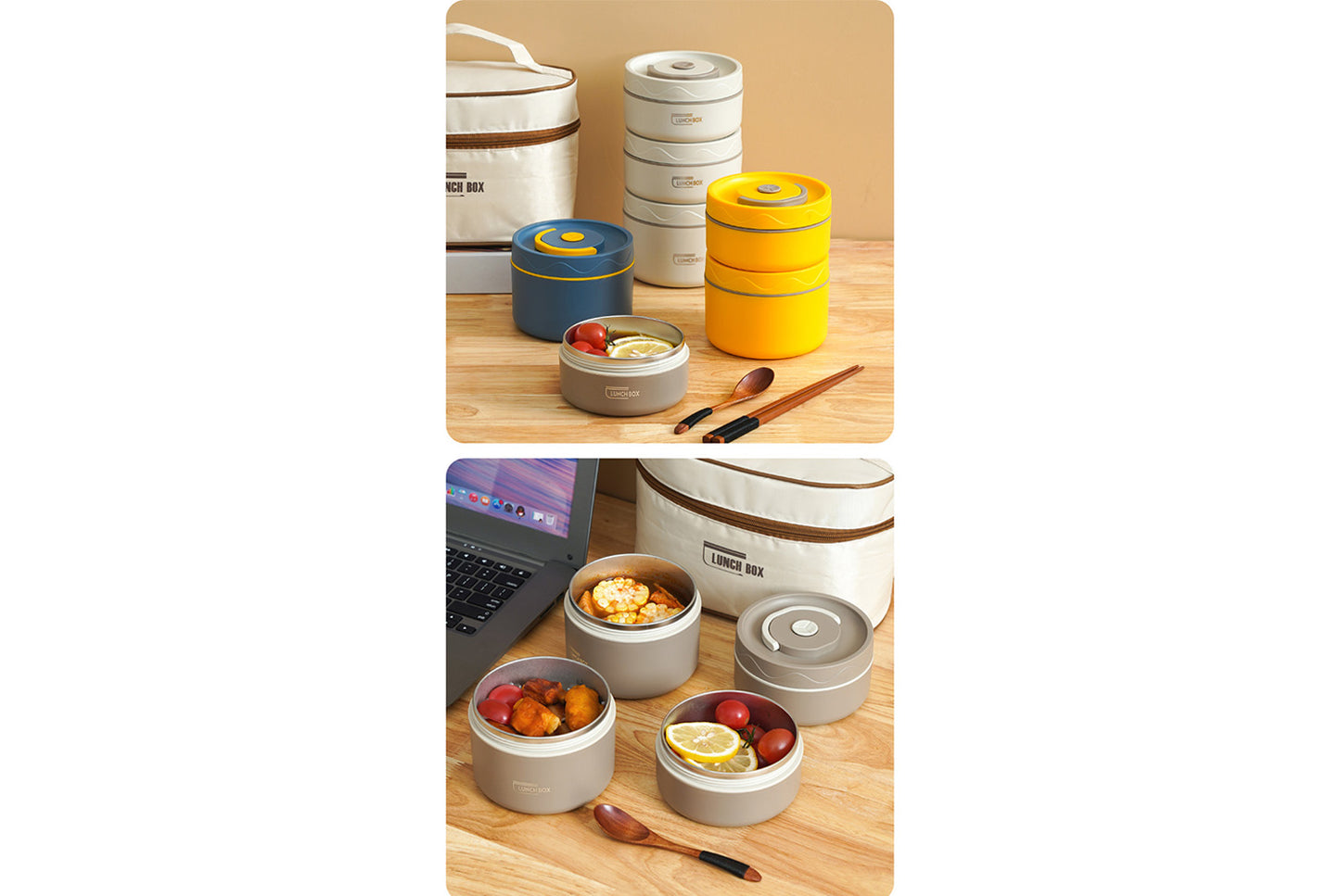 **304 Stainless Steel Insulated Lunch Box (Beige Two-Piece Microwave Oven Set)**