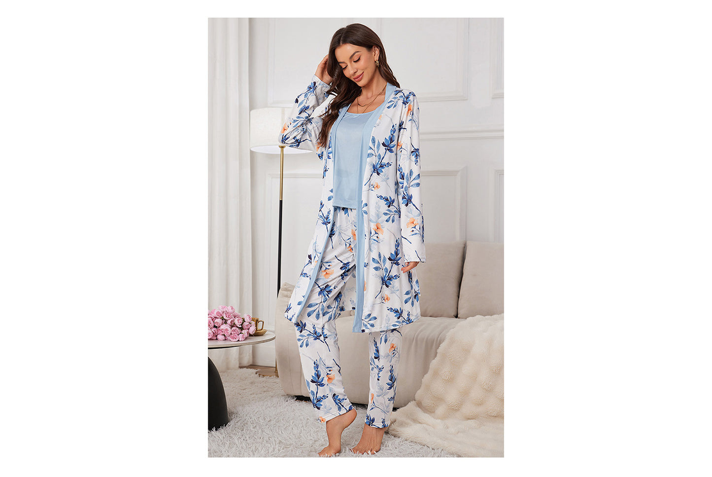 **Three-Piece Nightgown, Pants, and Suspender Nightdress Set**