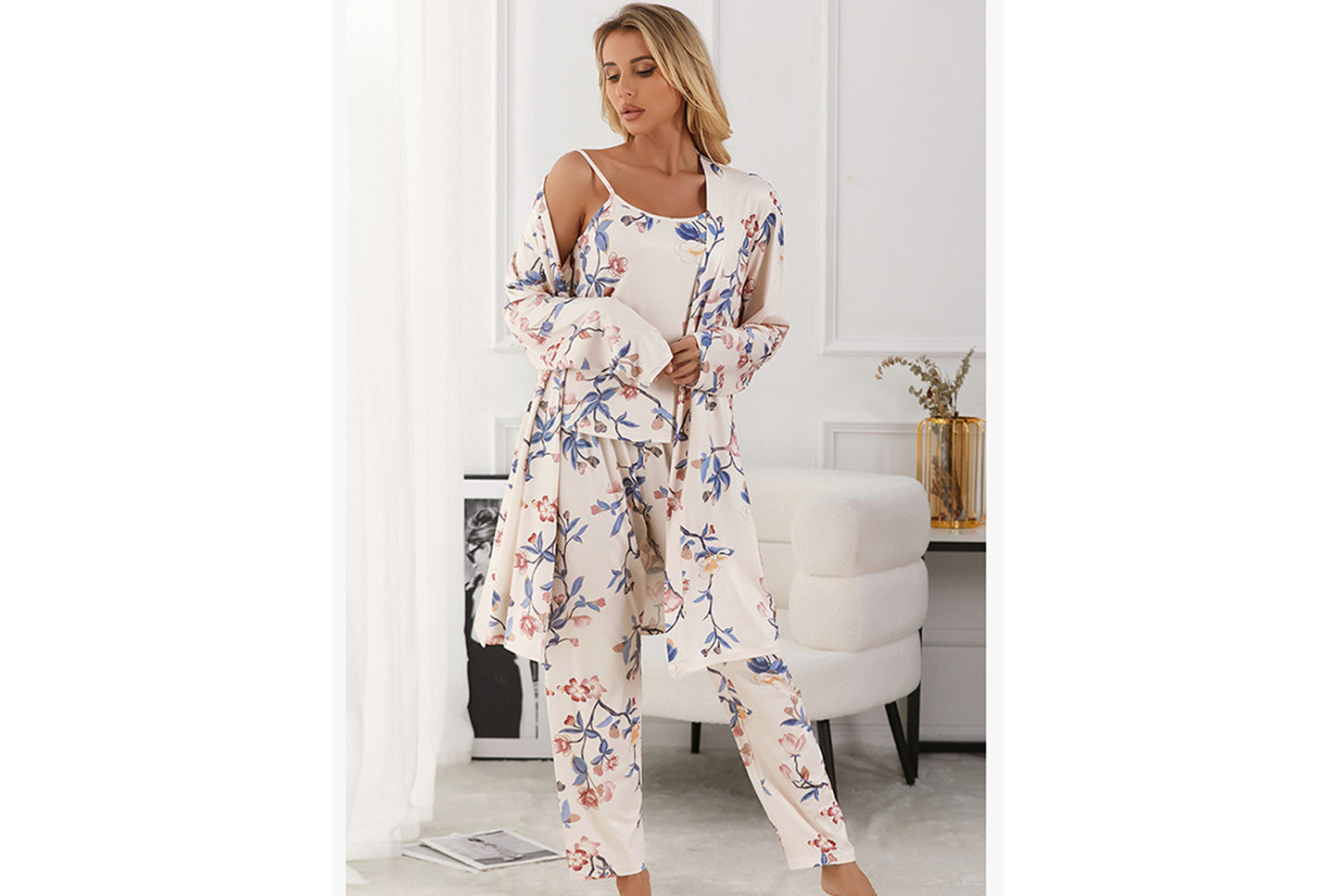 **Three-piece loungewear set with robe, suspenders, and pants**