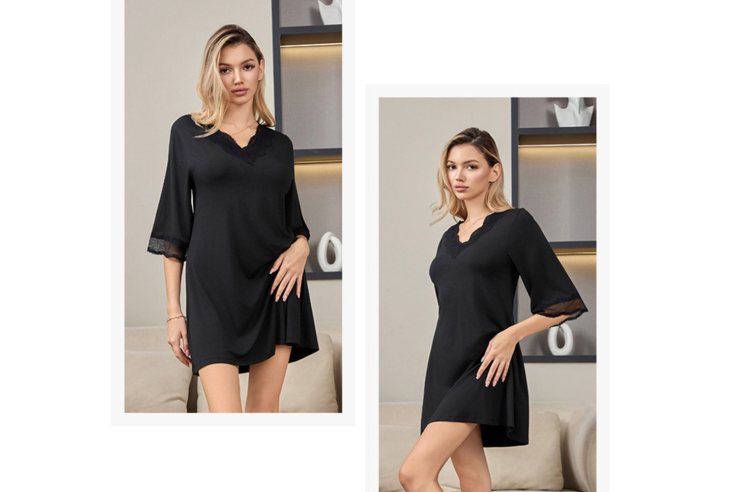 **Lace-Panel Sexy V-Neck Pure Modal Cotton Loungewear**