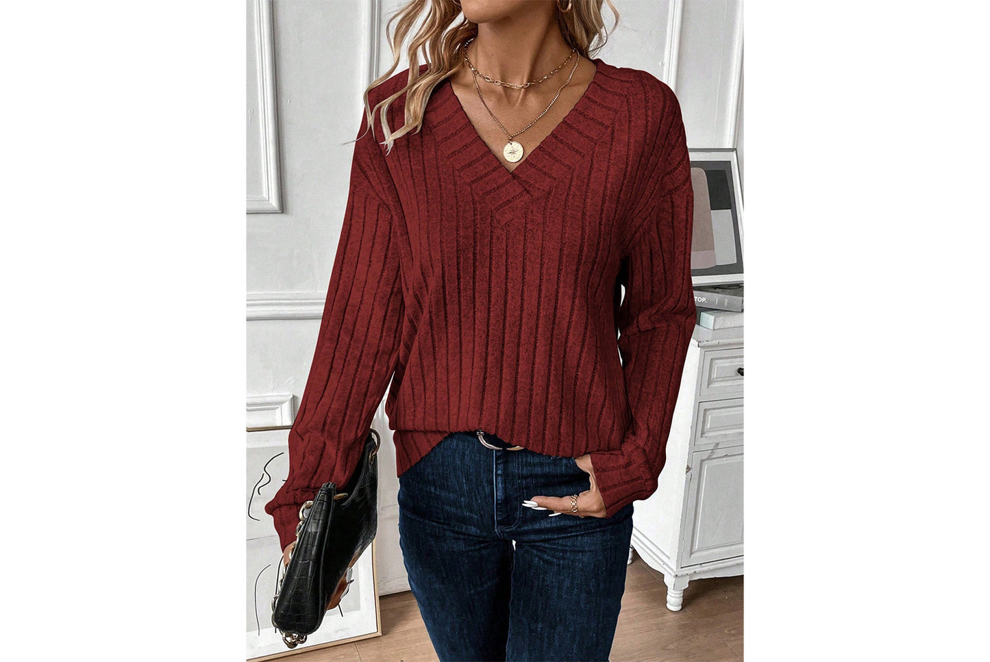 V-Neck Ribbed Long-Sleeve Top