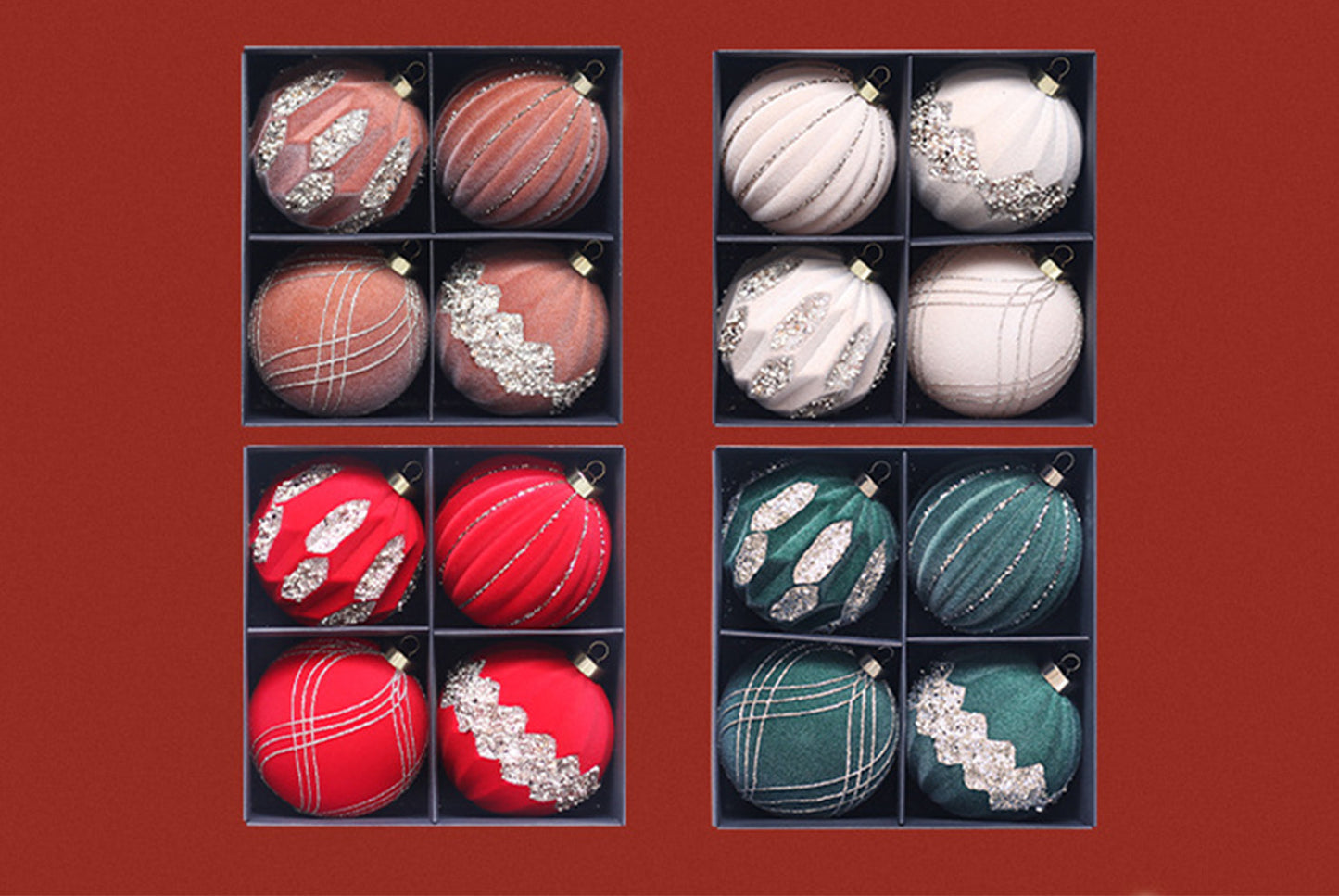 10cm Colored Diamond Flocked Christmas Ball Pendant Set (4-Pack)