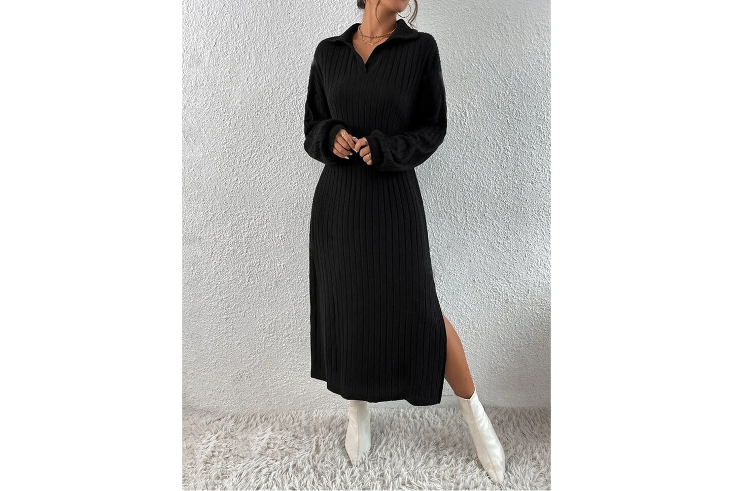 Solid Color Off-Shoulder Slit Dress(No belt)