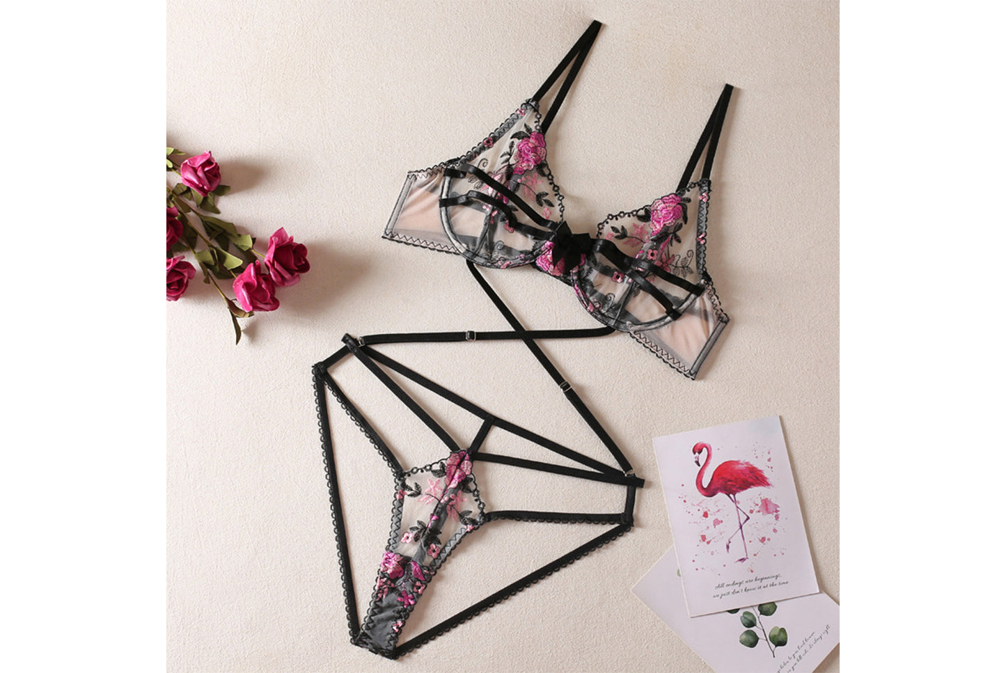 **Floral Embroidered Bandage Lingerie Set**