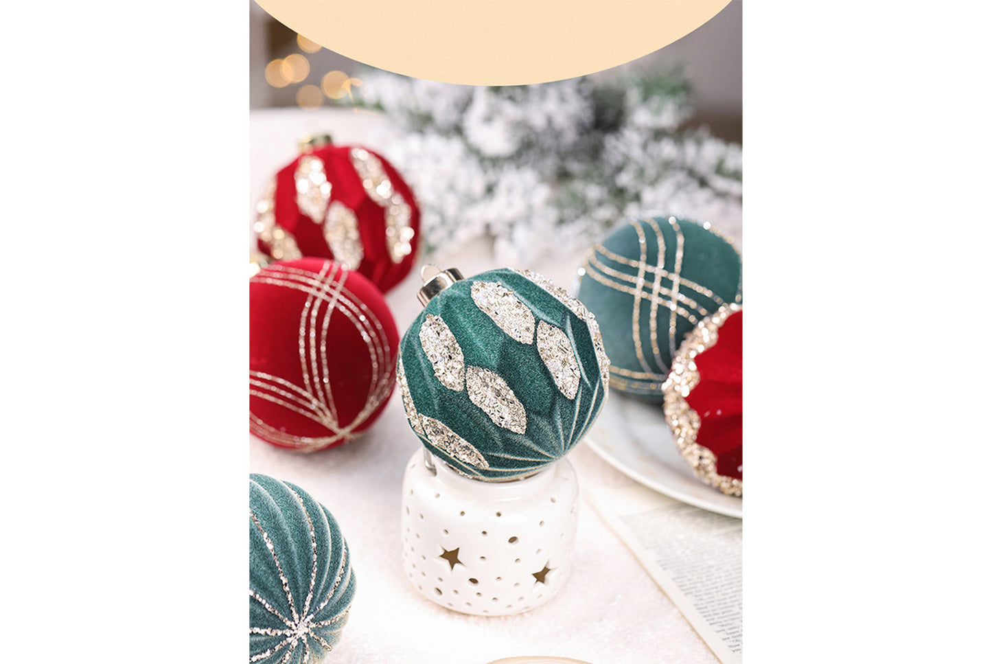 10cm Colored Diamond Flocked Christmas Ball Pendant Set (4-Pack)