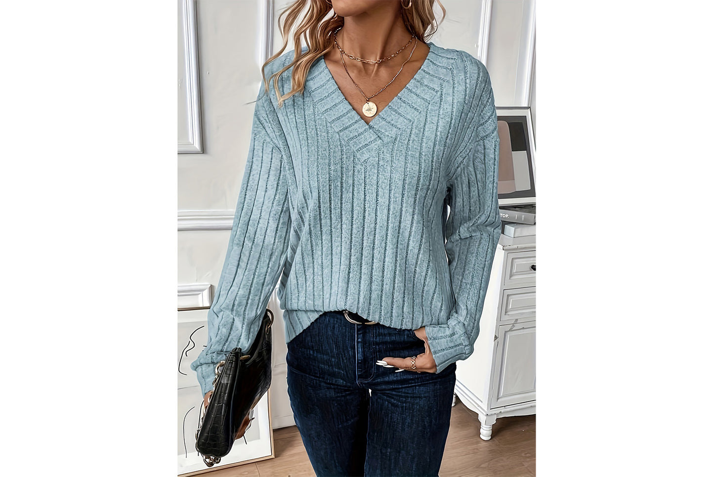 V-Neck Ribbed Long-Sleeve Top