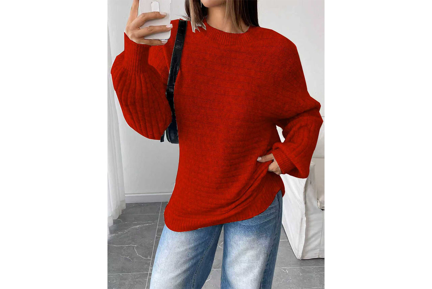Loose-fitting Ribbed Knit Sweater