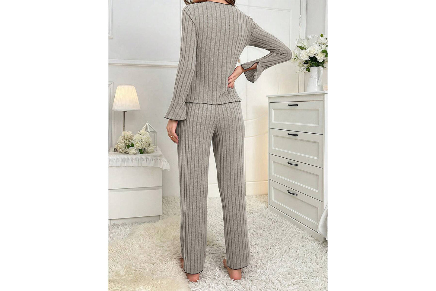**Bow Tie Lapel Long-Sleeved Pajama Set + Two-Piece Pants for Women**